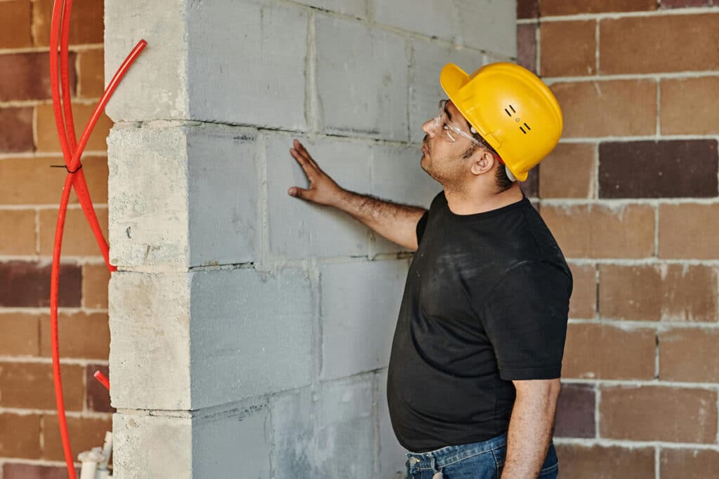 Contractor inspecting a wall structure during a home renovation project, wearing a safety helmet.